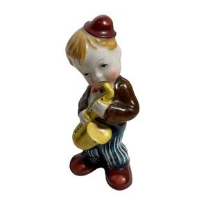 Occupied Japan FIGURINE Porcelain Boy Playing Saxophone Hand Painted 4" Vintage